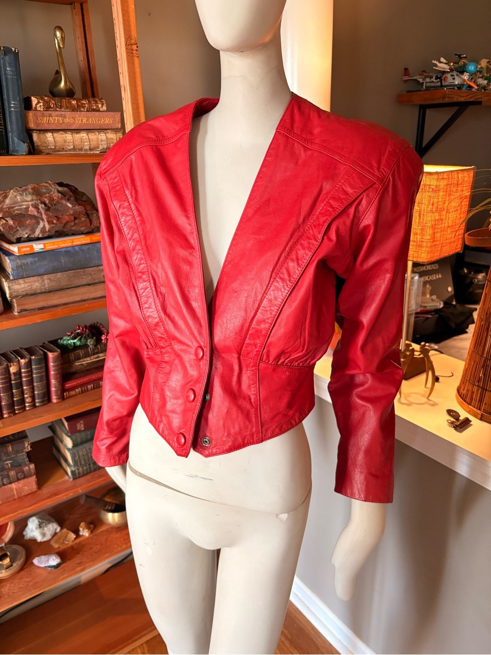 Vintage 80s Chia Red Leather Cropped Blazer Jacket